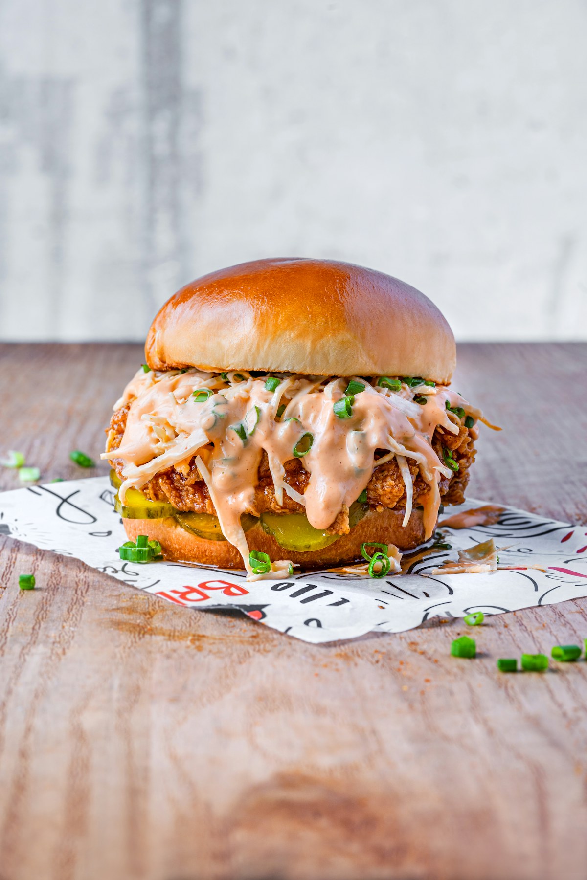 Crispy hot chicken sandwich with golden bun and fillings